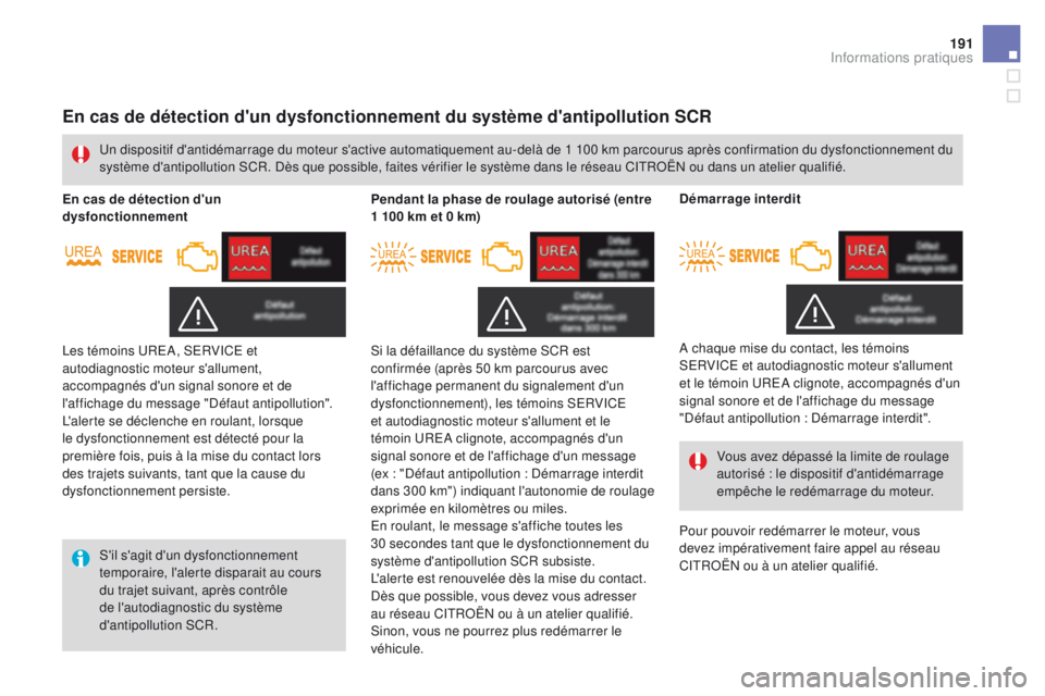 CITROEN DS3 2016 Notices Demploi (in French) 191
En cas de détection d'un dysfonctionnement du système d'antipollution SCR
S'il s'agit d'un dysfonctionnement
temporaire, l'alerte disparait au cours
du trajet suivant, CITROEN DS3 2016 Notices Demploi (in French) 191
En cas de détection d'un dysfonctionnement du système d'antipollution SCR
S'il s'agit d'un dysfonctionnement
temporaire, l'alerte disparait au cours
du trajet suivant,