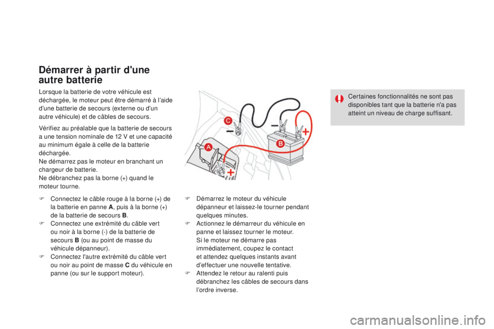 CITROEN DS3 2016 Notices Demploi (in French) Lorsque la batterie de votre véhicule est
déchargée, le moteur peut être démarré à l’aide
d’une batterie de secours (externe ou d’un
autre véhicule) et de câbles de secours.
Démarre CITROEN DS3 2016 Notices Demploi (in French) Lorsque la batterie de votre véhicule est
déchargée, le moteur peut être démarré à l’aide
d’une batterie de secours (externe ou d’un
autre véhicule) et de câbles de secours.
Démarre