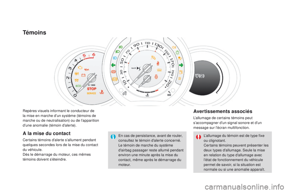 CITROEN DS3 2016  Notices Demploi (in French) Repères visuels informant le conducteur de 
la mise en marche d’un système (témoins de 
marche ou de neutralisation) ou de l’apparition 
d’une anomalie (témoin d’alerte).
témoins
Avertiss