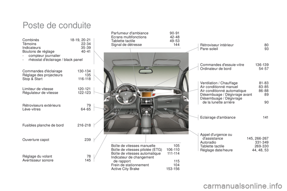 CITROEN DS3 2016 Notices Demploi (in French) Poste de conduite
Combinés 18-19, 20-21
Té m o i n s 2 2 - 3 4
Indicateurs
35-39
Boutons de réglage
4
0 - 41
-
c
ompteur journalier
-
r
héostat d'éclairage / black panel
Commandes CITROEN DS3 2016 Notices Demploi (in French) Poste de conduite
Combinés 18-19, 20-21
Té m o i n s 2 2 - 3 4
Indicateurs
35-39
Boutons de réglage
4
0 - 41
-
c
ompteur journalier
-
r
héostat d'éclairage / black panel
Commandes