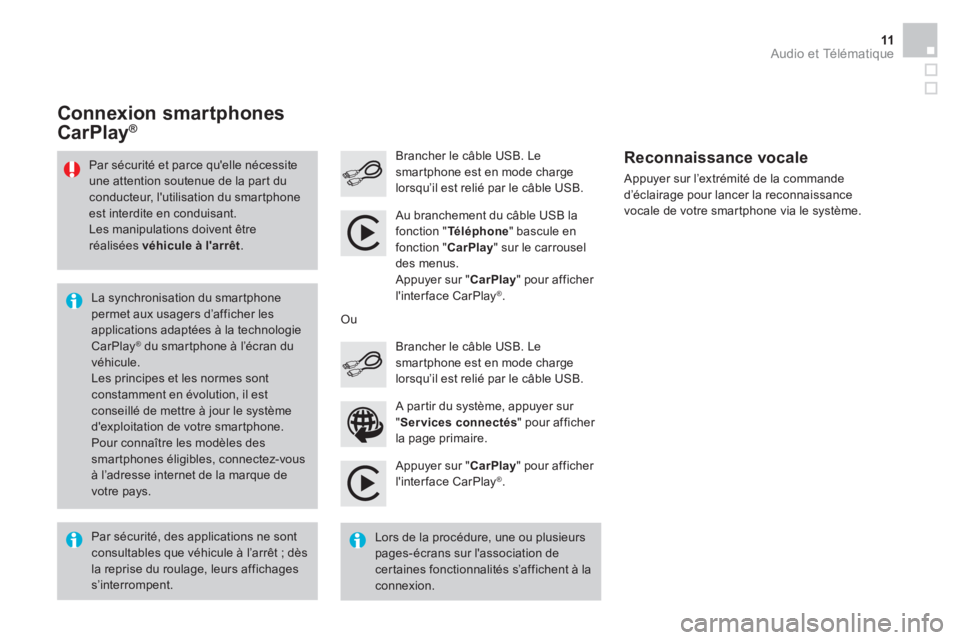 CITROEN DS3 2016 Notices Demploi (in French) Audio et Télématique 11
Appuyer sur " CarPlay
" pour afficher
linterface CarPlay ® .
Brancher le câble USB. Le
smartphone est en mode charge
lorsqu’il est relié par le câble CITROEN DS3 2016 Notices Demploi (in French) Audio et Télématique 11
Appuyer sur " CarPlay
" pour afficher
linterface CarPlay ® .
Brancher le câble USB. Le
smartphone est en mode charge
lorsqu’il est relié par le câble