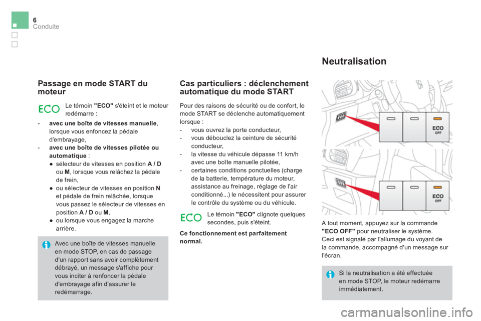 CITROEN DS3 2016  Notices Demploi (in French) 6Conduite
   
Passage en mode START du 
moteur 
  Le témoin  "ECO" 
 séteint et le moteur 
redémarre : 
   
 
-   avec une boîte de vitesses manuelle 
, 
lorsque vous enfoncez la pédale 
d’emb