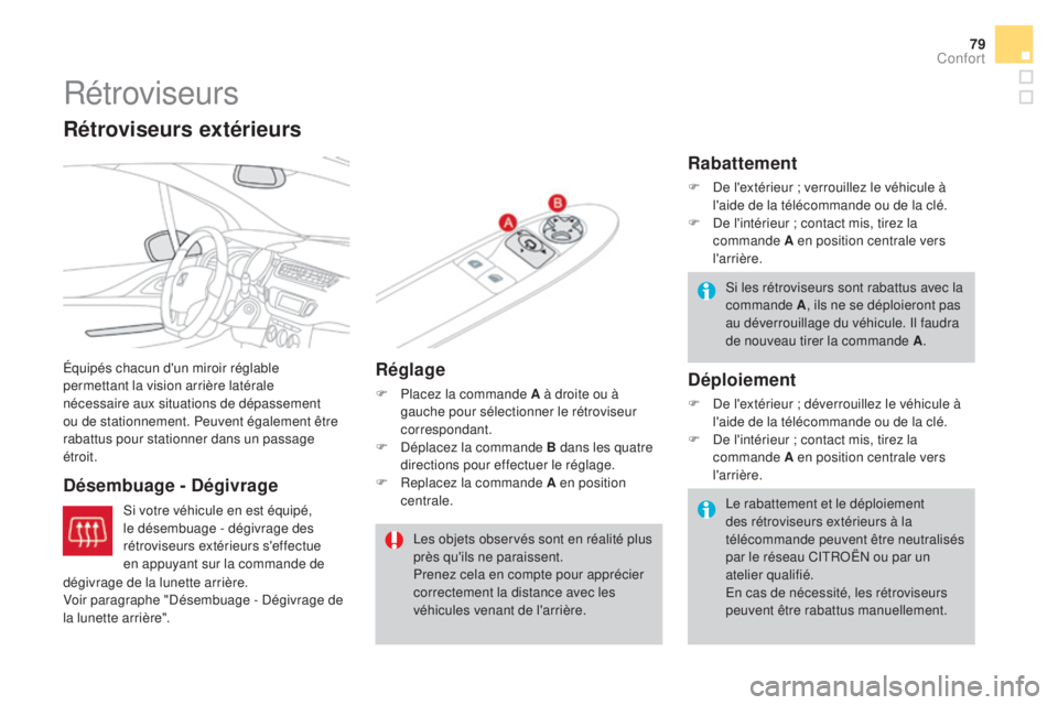 CITROEN DS3 2016  Notices Demploi (in French) 79
Rétroviseurs
Équipés chacun d'un miroir réglable 
permettant la vision arrière latérale 
nécessaire aux situations de dépassement 
ou de stationnement. Peuvent également être 
rabattu