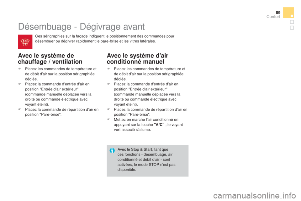 CITROEN DS3 2016  Notices Demploi (in French) 89
Désembuage - Dégivrage avant
Avec le système de 
chauffage / ventilation
F Placez les commandes de température et de débit d’air sur la position sérigraphiée 
dédiée.
F
 
P
 lacez la com