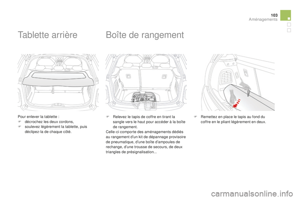 CITROEN DS3 2015 Notices Demploi (in French) 103
Pour enlever la tablette :
F d écrochez les deux cordons,
F
so
ulevez légèrement la tablette, puis
déclipez-la de chaque côté.
tablette arrière
F Relevez le tapis de coffre en tirant la CITROEN DS3 2015 Notices Demploi (in French) 103
Pour enlever la tablette :
F d écrochez les deux cordons,
F
so
ulevez légèrement la tablette, puis
déclipez-la de chaque côté.
tablette arrière
F Relevez le tapis de coffre en tirant la