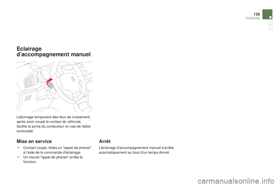 CITROEN DS3 2015  Notices Demploi (in French) 135
l’allumage temporaire des feux de croisement, 
après avoir coupé le contact du véhicule, 
facilite la sortie du conducteur en cas de faible 
luminosité.
Mise en service
F Contact coupé, fai