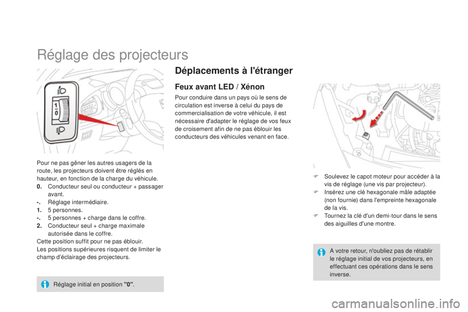 CITROEN DS3 2015 Notices Demploi (in French) Déplacements à l'étranger
Feux avant LED / Xénon
Pour conduire dans un pays où le sens de
circulation est inverse à celui du pays de
commercialisation de votre véhicule, il est
nécessai CITROEN DS3 2015 Notices Demploi (in French) Déplacements à l'étranger
Feux avant LED / Xénon
Pour conduire dans un pays où le sens de
circulation est inverse à celui du pays de
commercialisation de votre véhicule, il est
nécessai