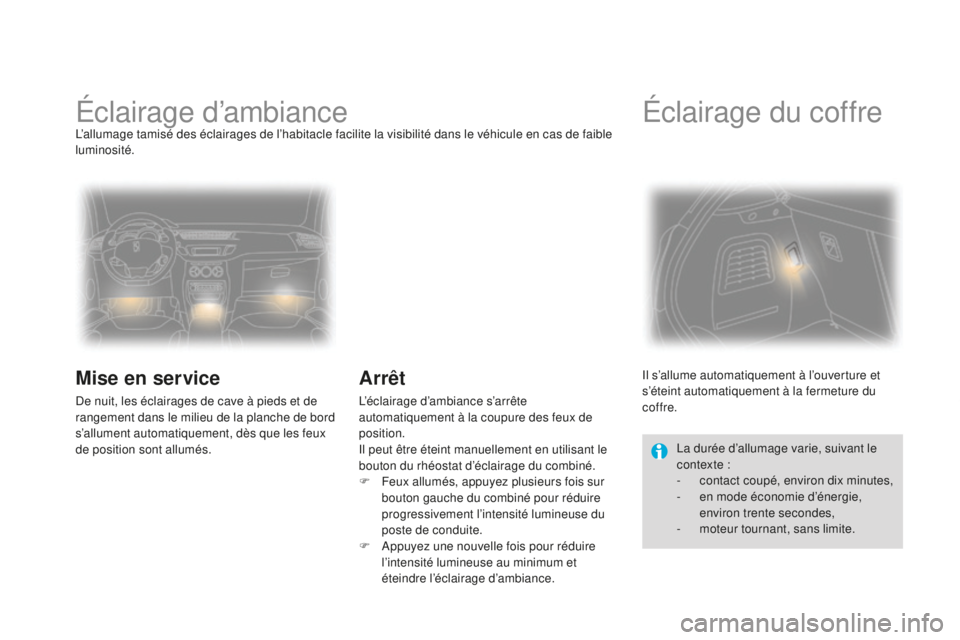 CITROEN DS3 2015 Notices Demploi (in French) Éclairage d’ambiancel’allumage tamisé des éclairages de l’habitacle facilite la visibilité dans le véhicule en cas de faible
luminosité.
Mise en service
de nuit, les éclairages de cave à CITROEN DS3 2015 Notices Demploi (in French) Éclairage d’ambiancel’allumage tamisé des éclairages de l’habitacle facilite la visibilité dans le véhicule en cas de faible
luminosité.
Mise en service
de nuit, les éclairages de cave Ã