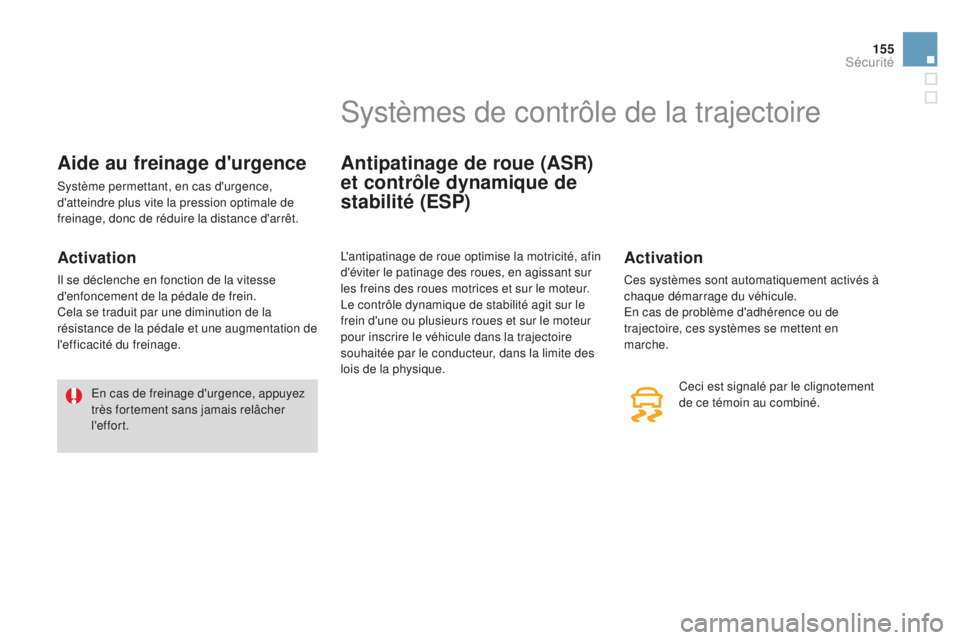 CITROEN DS3 2015 Notices Demploi (in French) 155
Aide au freinage d'urgence
système permettant, en cas d'urgence,
d'atteindre plus vite la pression optimale de
freinage, donc de réduire la distance d'arrêt.
Activation
il se CITROEN DS3 2015 Notices Demploi (in French) 155
Aide au freinage d'urgence
système permettant, en cas d'urgence,
d'atteindre plus vite la pression optimale de
freinage, donc de réduire la distance d'arrêt.
Activation
il se