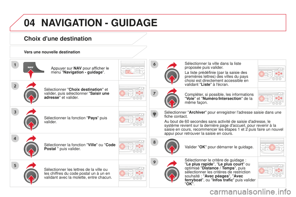 CITROEN DS3 2015  Notices Demploi (in French) 04
appuyer sur N AV pour afficher le 
menu " Navigation - guidage ".
Vers une nouvelle destination
Choix d'une destination
sélectionner "
Choix destination " et 
valider , puis s