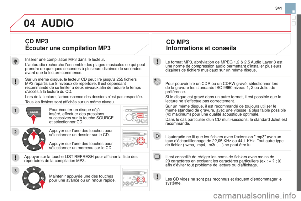 CITROEN DS3 2015 Notices Demploi (in French) 04
341
l
e format MP3, abréviation de MP
e
G 1,2 & 2.5
a
udio
l
ayer 3 est
une norme de compression audio permettant d'installer plusieurs
dizaines de fichiers musicaux sur un même disque. CITROEN DS3 2015 Notices Demploi (in French) 04
341
l
e format MP3, abréviation de MP
e
G 1,2 & 2.5
a
udio
l
ayer 3 est
une norme de compression audio permettant d'installer plusieurs
dizaines de fichiers musicaux sur un même disque.