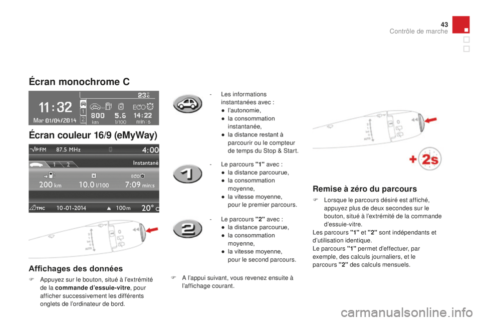 CITROEN DS3 2015  Notices Demploi (in French) 43
Écran monochrome C
Affichages des données
F  appuyez sur le bouton, situé à l’extrémité de la commande d’essuie-vitre , pour 
afficher successivement les différents 
onglets de l’ordin