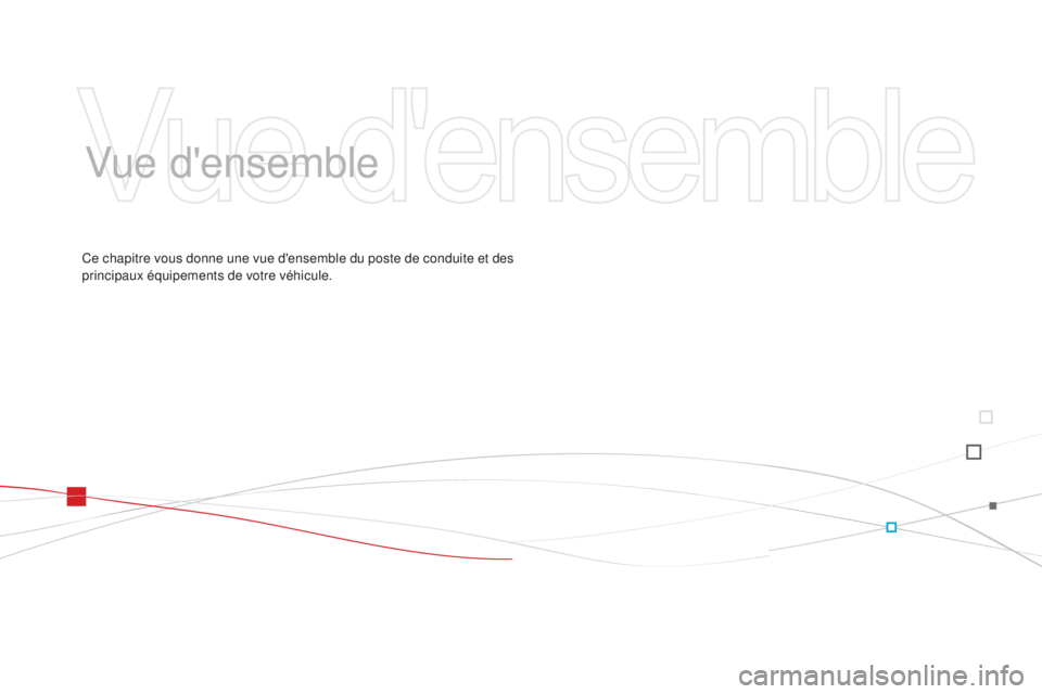 CITROEN DS3 2015  Notices Demploi (in French) Vue d'ensemble
Ce chapitre vous donne une vue d'ensemble du poste de conduite et des 
principaux équipements de votre véhicule. 