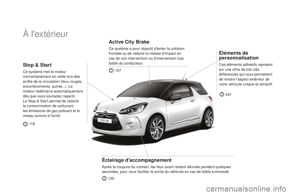 CITROEN DS3 2015  Notices Demploi (in French) À l'extérieur
Éléments de 
personnalisation
Ces éléments adhésifs reposent 
sur une offre de kits très 
différenciés qui vous permettent 
de rendre l'aspect extérieur de 
votre véh