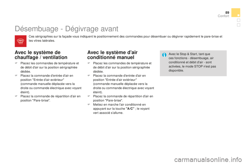 CITROEN DS3 2015 Notices Demploi (in French) 89
désembuage - dé givrage avant
Avec le système de
chauffage / ventilation
F Placez les commandes de température et
de débit d’air sur la position sérigraphiée
dédiée.
F
P
lacez la c CITROEN DS3 2015 Notices Demploi (in French) 89
désembuage - dé givrage avant
Avec le système de
chauffage / ventilation
F Placez les commandes de température et
de débit d’air sur la position sérigraphiée
dédiée.
F
P
lacez la c