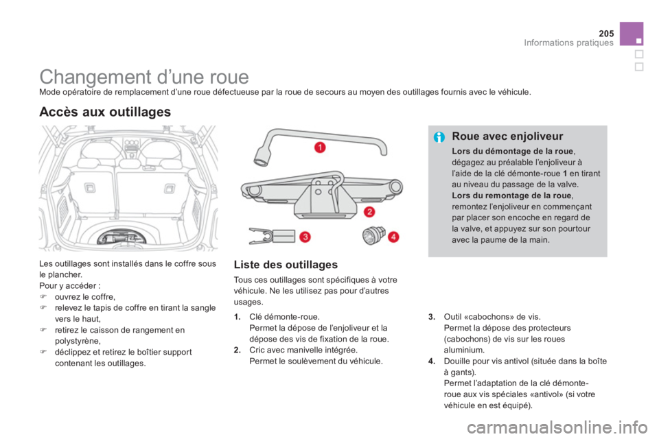 CITROEN DS3 2014  Notices Demploi (in French) 205
Informations pratiques
   
 
 
 
 
 
 
 
 
 
 
 
 
 
Changement d’une roue  
Mode opératoire de remplacement d’une roue défectueuse par la roue de secours au moyen des outillages fournis ave