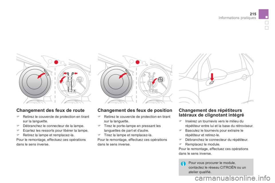 CITROEN DS3 2014  Notices Demploi (in French) 215
Informations pratiques
Changement des feux de route
�)Retirez le couvercle de protection en tirantsur la languette. 
�)Débranchez le connecteur de la lampe. �)Ecar tez les ressor ts pour libérer