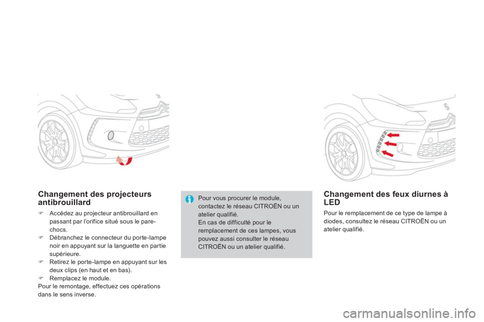 CITROEN DS3 2014  Notices Demploi (in French) Pour vous procurer le module,contactez le réseau CITROËN ou un atelier qualifié. En cas de difficulté pour le remplacement de ces lampes, vouspouvez aussi consulter le réseauCITROËN ou un atelie