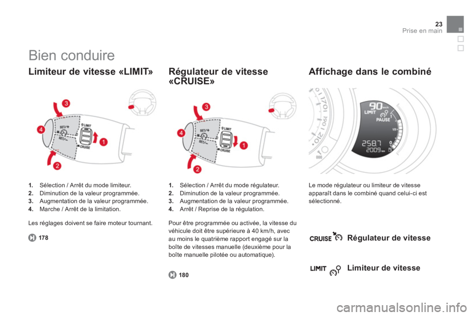 CITROEN DS3 2014  Notices Demploi (in French) 23Prise en main
  Bien conduire 
1. 
 Sélection / Arrêt du mode limiteur.2.Diminution de la valeur programmée. 3.Augmentation de la valeur programmée. 4. 
  Marche / Arrêt de la limitation.  
 
 