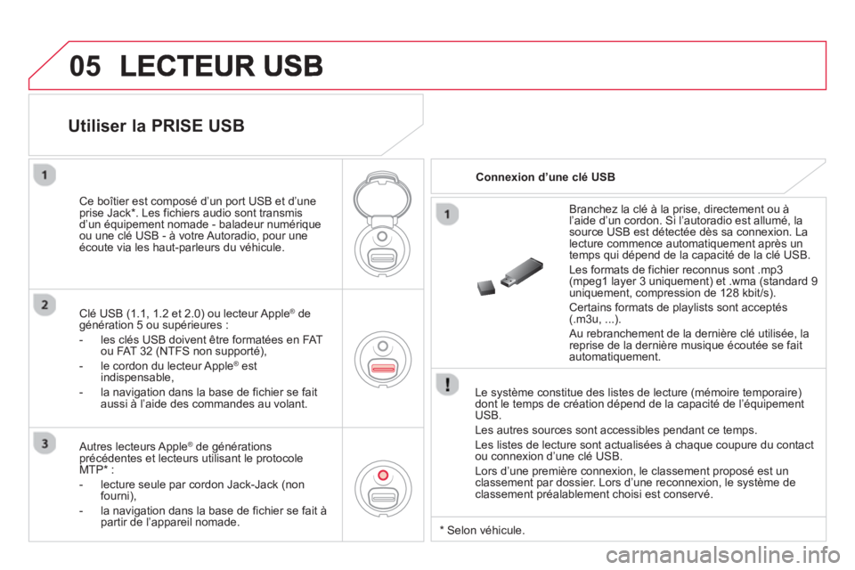 CITROEN DS3 2014 Notices Demploi (in French) 05
Le système constitue des listes de lecture (mémoire temporaire)dont le temps de création dépend de la capacité de l’équipementUSB.
Les autres sources sont accessibles pendant ce temps CITROEN DS3 2014 Notices Demploi (in French) 05
Le système constitue des listes de lecture (mémoire temporaire)dont le temps de création dépend de la capacité de l’équipementUSB.
Les autres sources sont accessibles pendant ce temps