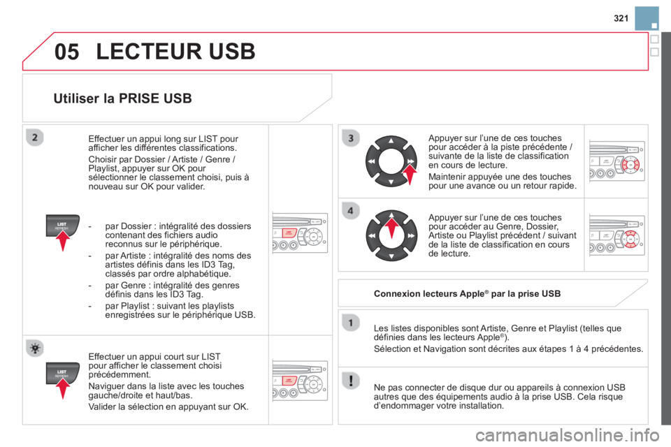CITROEN DS3 2014 Notices Demploi (in French) 321
05
Utiliser la PRISE USB
Effectuer un appui court sur LIST pour afficher le classement choisiprécédemment.
Navi
guer dans la liste avec les touchesgauche/droite et haut/bas.
Valide CITROEN DS3 2014 Notices Demploi (in French) 321
05
Utiliser la PRISE USB
Effectuer un appui court sur LIST pour afficher le classement choisiprécédemment.
Navi
guer dans la liste avec les touchesgauche/droite et haut/bas.
Valide