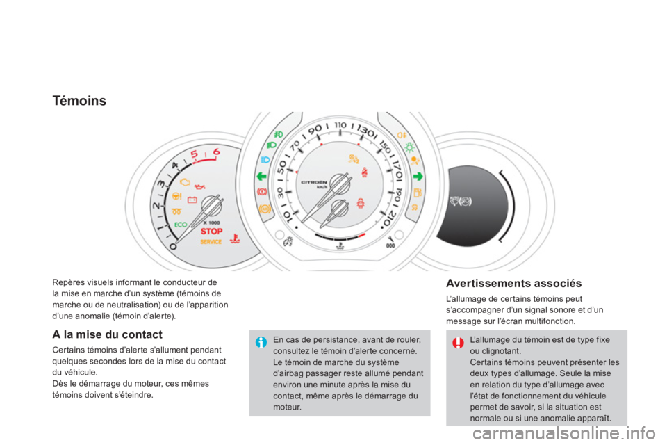 CITROEN DS3 2014  Notices Demploi (in French) Repères visuels informant le conducteur de
la mise en marche d’un système (témoins demarche ou de neutralisation) ou de l’apparition
d’une anomalie (témoin d’alerte).
Témoins
   
Avertiss