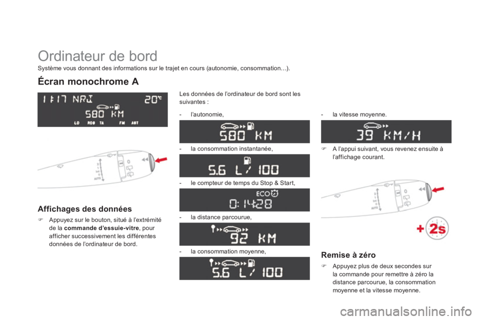 CITROEN DS3 2014  Notices Demploi (in French)   Ordinateur de bord 
Écran monochrome A
Affichages des données
�)Appuyez sur le bouton, situé à l’extrémité de la commande d’essuie-vitre, pour afficher successivement les différentes donn