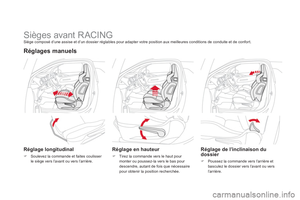 CITROEN DS3 2014  Notices Demploi (in French)    
 
 
 
 
 
 
 
 
 
 
 
 
 
Sièges avant RACING Siège composé d’une assise et d’un dossier réglables pour adapter votre position aux meilleures conditions de conduite et de confort.
Réglage
