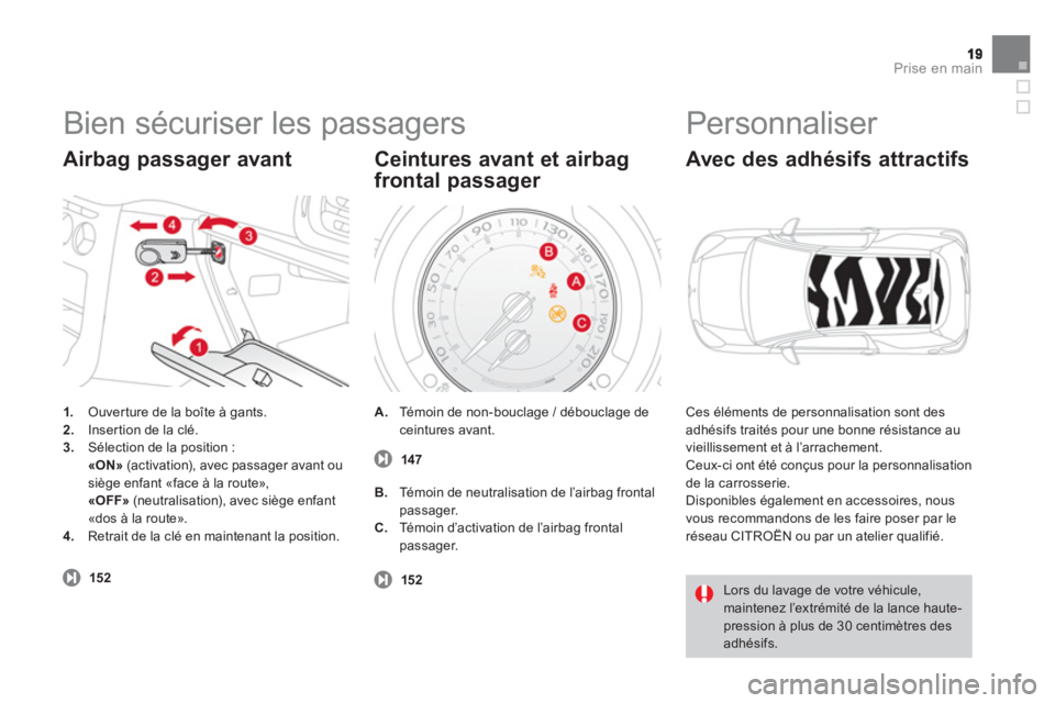 CITROEN DS3 2013  Notices Demploi (in French) Prise en main
  Bien sécuriser les passagers 
1. 
 Ouver ture de la boîte à gants. 2.Insertion de la clé.3.Sélection de la position :«ON»(activation), avec passager avant ou siège enfant «fac