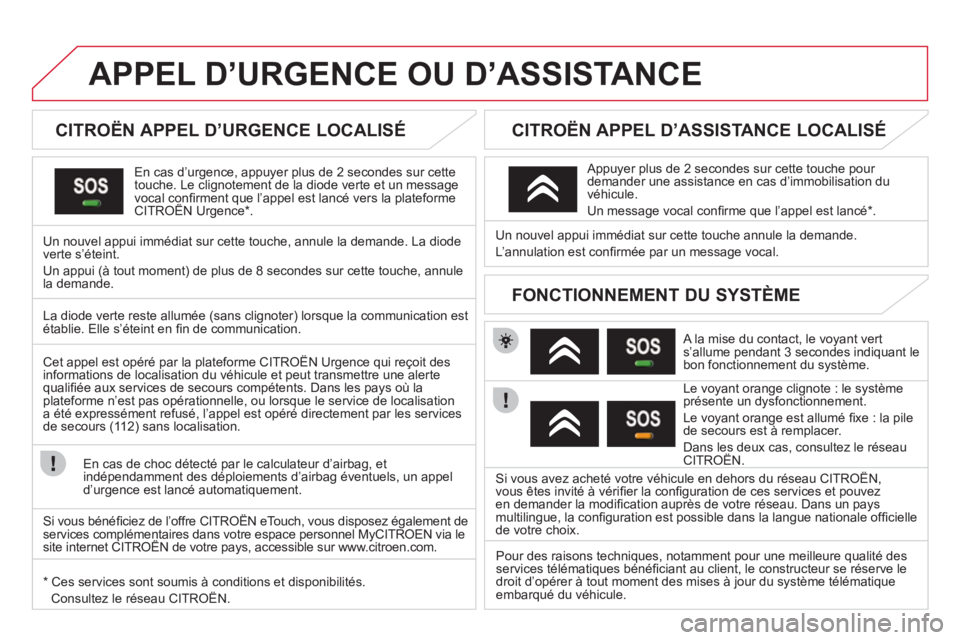 CITROEN DS3 2013 Notices Demploi (in French) APPEL D’URGENCE OU D’ASSISTANCE
CITROËN APPEL D’URGENCE LOCALISÉ
En cas d’urgence, appuyer plus de 2 secondes sur cette
touche. Le clignotement de la diode verte et un mes CITROEN DS3 2013 Notices Demploi (in French) APPEL D’URGENCE OU D’ASSISTANCE
CITROËN APPEL D’URGENCE LOCALISÉ
En cas d’urgence, appuyer plus de 2 secondes sur cette
touche. Le clignotement de la diode verte et un mes