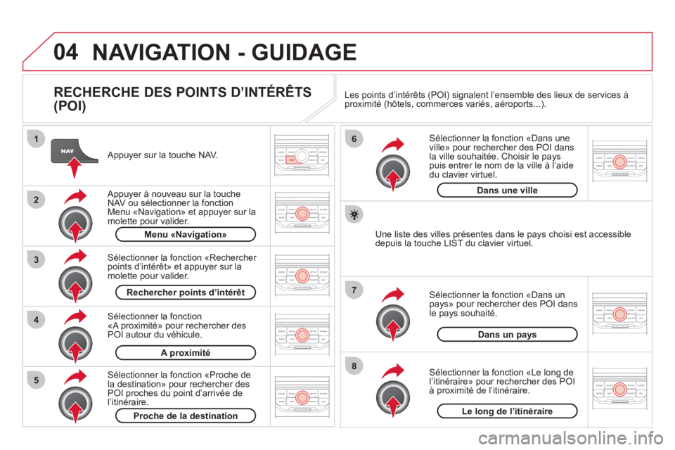 CITROEN DS3 2013 Notices Demploi (in French) 04
8
6
7
4
3
5
2
1
NAVIGATION - GUIDAGE
RECHERCHE DES POINTS D’INTÉRÊTS
(POI)
Appuyer sur la touche NAV.
Appuyer à nouveau sur la toucheNAV ou sélectionner la fonction Menu «Navig CITROEN DS3 2013 Notices Demploi (in French) 04
8
6
7
4
3
5
2
1
NAVIGATION - GUIDAGE
RECHERCHE DES POINTS D’INTÉRÊTS
(POI)
Appuyer sur la touche NAV.
Appuyer à nouveau sur la toucheNAV ou sélectionner la fonction Menu «Navig