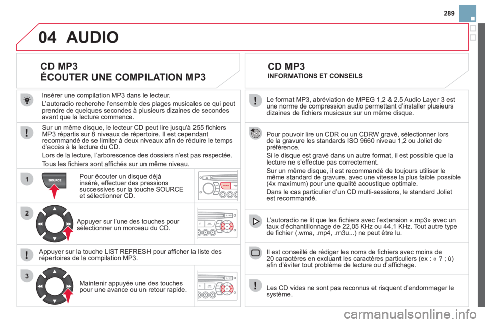 CITROEN DS3 2013 Notices Demploi (in French) 289
04
1
2
3
SOURCE
Le format MP3, abréviation de MPEG 1,2 & 2.5 Audio Layer 3 estune norme de compression audio permettant d’installer plusieurs
dizaines de fi chiers musicaux sur un mÍme disq CITROEN DS3 2013 Notices Demploi (in French) 289
04
1
2
3
SOURCE
Le format MP3, abréviation de MPEG 1,2 & 2.5 Audio Layer 3 estune norme de compression audio permettant d’installer plusieurs
dizaines de fi chiers musicaux sur un mÍme disq