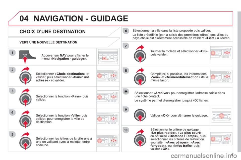 CITROEN DS3 2013 Notices Demploi (in French) 9
04
Appuyer sur NAV
pour afficher le menu « Navigation - guidage».
VERS UNE NOUVELLE DESTINATION
NAVIGATION - GUIDAGE
CHOIX D’UNE DESTINATION
Sélectionner « Ch CITROEN DS3 2013 Notices Demploi (in French) 9
04
Appuyer sur NAV
pour afficher le menu « Navigation - guidage».
VERS UNE NOUVELLE DESTINATION
NAVIGATION - GUIDAGE
CHOIX D’UNE DESTINATION
Sélectionner « Ch