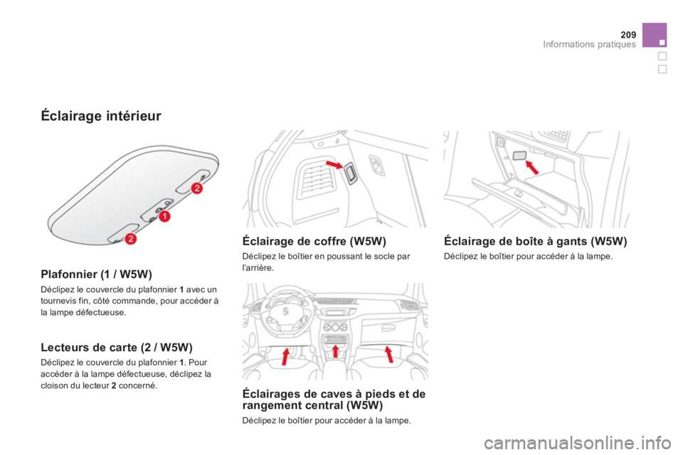 CITROEN DS3 2011  Notices Demploi (in French) 209Informations pratiques
Éclairage intérieur 
   
Plafonnier (1 / W5W)
 
Déclipez le couvercle du plafonnier  1 
 avec untournevis fin, côté commande, pour accéder à
la lampe défectueuse.
   