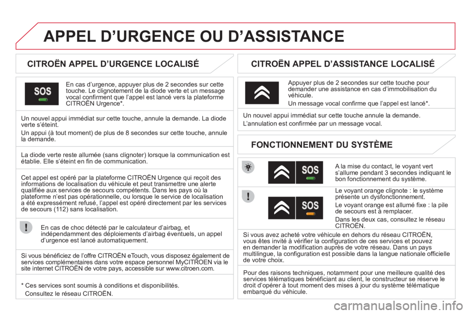 CITROEN DS3 2011  Notices Demploi (in French) APPEL D’URGENCE OU D’ASSISTANCE
   
 
 
 
 
 
 
CITROËN APPEL D’URGENCE LOCALISÉ  
En cas d’urgence, appuyer plus de 2 secondes sur cette 
touche. Le clignotement de la diode verte et un mes