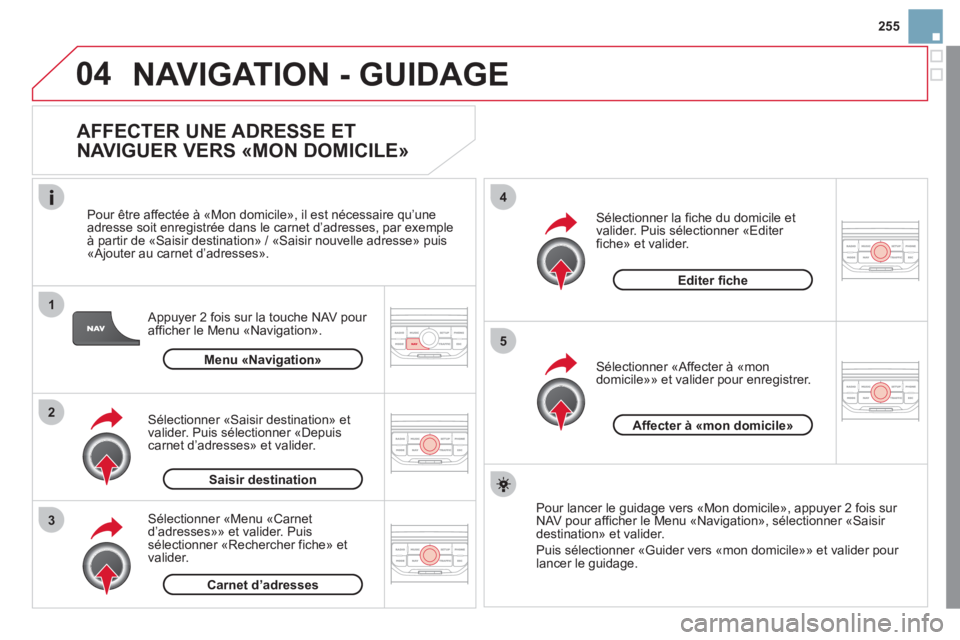 CITROEN DS3 2011  Notices Demploi (in French) 04
1
2
3
5
4
255
NAVIGATION - GUIDAGE
   
AFFECTER UNE ADRESSE ET 
NAVIGUER VERS «MON DOMICILE» 
   
Appuyer 2 fois sur la touche NAV pour afficher le Menu «Navigation».     
Pour être a
ffectée CITROEN DS3 2011  Notices Demploi (in French) 04
1
2
3
5
4
255
NAVIGATION - GUIDAGE
   
AFFECTER UNE ADRESSE ET 
NAVIGUER VERS «MON DOMICILE» 
   
Appuyer 2 fois sur la touche NAV pour afficher le Menu «Navigation».     
Pour être a
ffectée