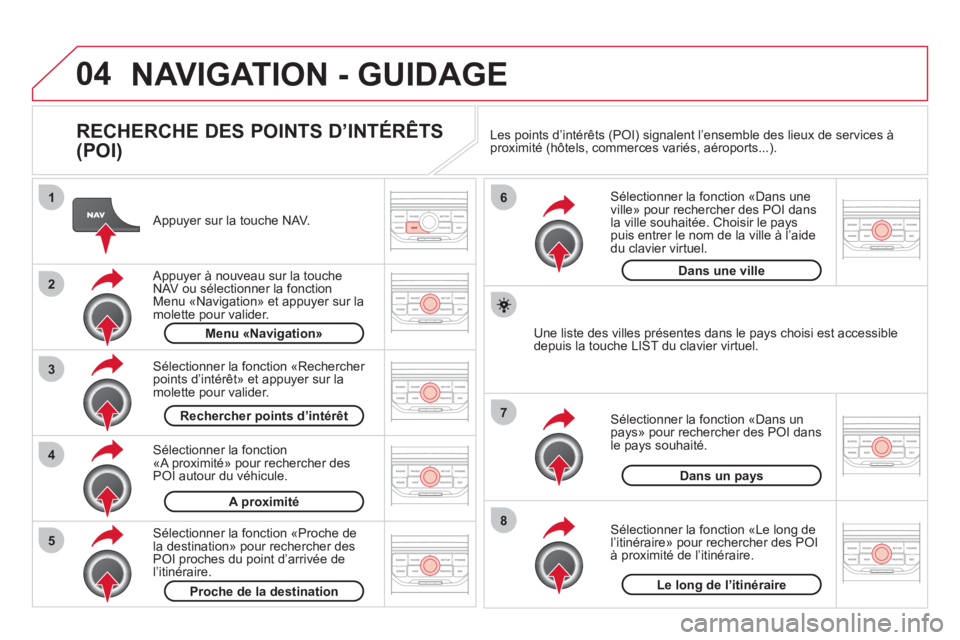 CITROEN DS3 2011  Notices Demploi (in French) 04
8
6
7
4
3
5
2
1
NAVIGATION - GUIDAGE
   
RECHERCHE DES POINTS D’INTÉRÊTS 
(POI) 
   Appuyer sur la touche NAV.
   
Appuyer à nouveau sur la toucheNAV  ou sélectionner la fonction Menu «Navig CITROEN DS3 2011  Notices Demploi (in French) 04
8
6
7
4
3
5
2
1
NAVIGATION - GUIDAGE
   
RECHERCHE DES POINTS D’INTÉRÊTS 
(POI) 
   Appuyer sur la touche NAV.
   
Appuyer à nouveau sur la toucheNAV  ou sélectionner la fonction Menu «Navig