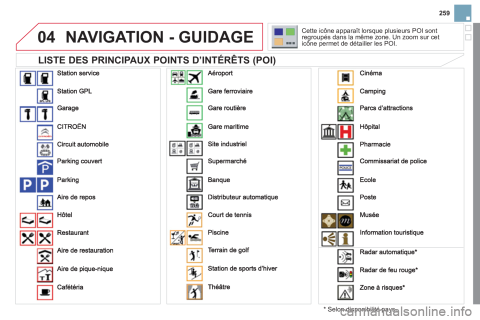 CITROEN DS3 2011  Notices Demploi (in French) 04
259
NAVIGATION - GUIDAGE
   
LISTE DES PRINCIPAUX POINTS D’INTÉRÊTS (POI) 
*   Selon disponibilité pays.   Cette icône a
pparaît lorsque plusieurs POI sont regroupés dans la même zone. Un  CITROEN DS3 2011  Notices Demploi (in French) 04
259
NAVIGATION - GUIDAGE
   
LISTE DES PRINCIPAUX POINTS D’INTÉRÊTS (POI) 
*   Selon disponibilité pays.   Cette icône a
pparaît lorsque plusieurs POI sont regroupés dans la même zone. Un