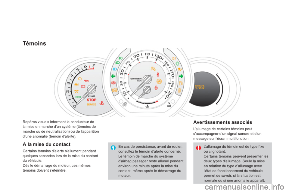 CITROEN DS3 2011 Notices Demploi (in French) Repères visuels informant le conducteur de
la mise en marche d’un système (témoins demarche ou de neutralisation) ou de l’apparition
d’une anomalie (témoin d’alerte).
Témoins
Avertiss CITROEN DS3 2011 Notices Demploi (in French) Repères visuels informant le conducteur de
la mise en marche d’un système (témoins demarche ou de neutralisation) ou de l’apparition
d’une anomalie (témoin d’alerte).
Témoins
Avertiss