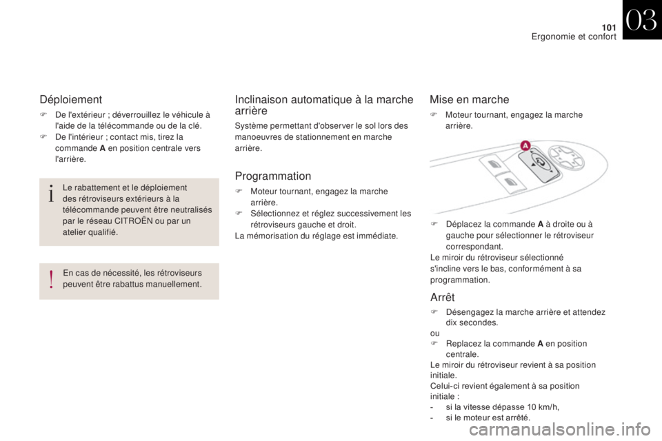 CITROEN DS4 2017  Notices Demploi (in French) 101
Déploiement
F De l'extérieur ; déverrouillez le véhicule à l'aide de la télécommande ou de la clé.
F
 
D
 e l'intérieur ; contact mis, tirez la 
commande A en position central