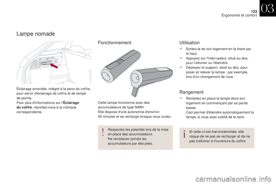 CITROEN DS4 2017  Notices Demploi (in French) 123
Éclairage amovible, intégré à la paroi du coffre, 
pour servir d'éclairage de coffre et de lampe 
de poche.
Pour plus d'informations sur l'Éclairage 
du coffre , reportez-vous à