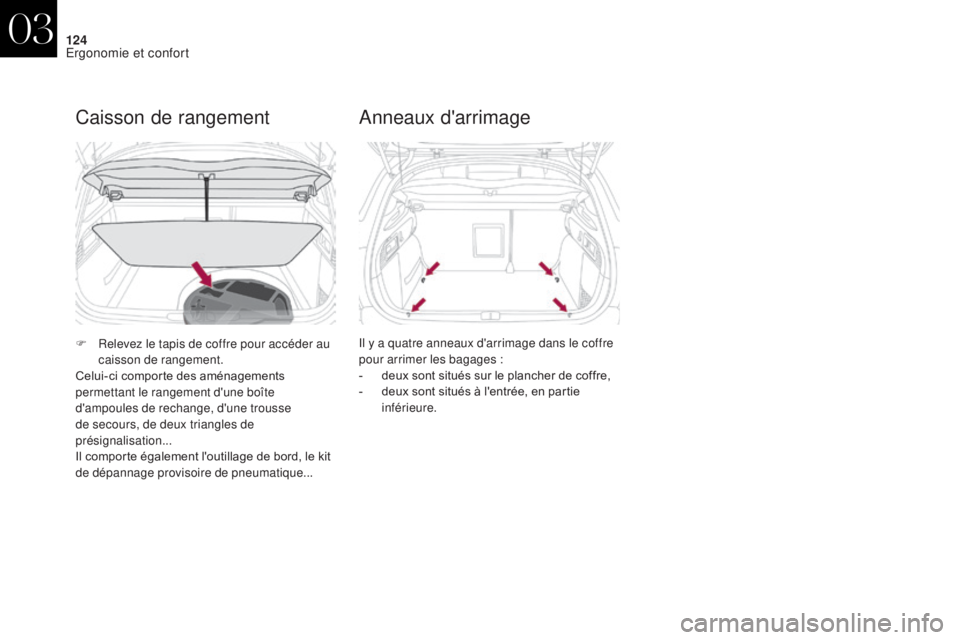 CITROEN DS4 2017  Notices Demploi (in French) 124
Caisson de rangement
F Relevez le tapis de coffre pour accéder au caisson de rangement.
Celui-ci comporte des aménagements 
permettant le rangement d'une boîte 
d'ampoules de rechange, 
