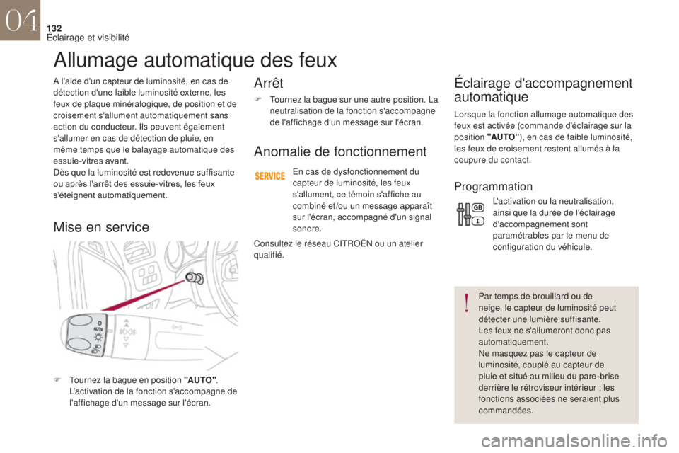 CITROEN DS4 2017  Notices Demploi (in French) 132
A l'aide d'un capteur de luminosité, en cas de 
détection d'une faible luminosité externe, les 
feux de plaque minéralogique, de position et de 
croisement s'allument automatiq