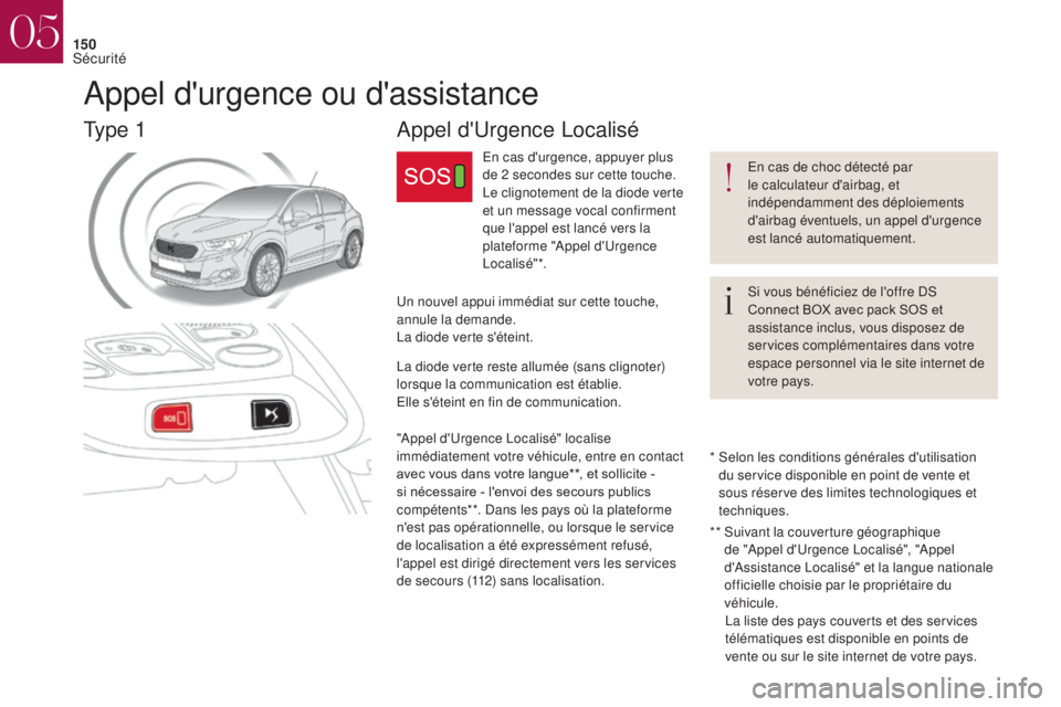 CITROEN DS4 2017 Notices Demploi (in French) 150
Appel d'Urgence Localisé
En cas d'urgence, appuyer plus
de 2 secondes sur cette touche.
Le clignotement de la diode verte
et un message vocal confirment
que l'appel est lancé vers CITROEN DS4 2017 Notices Demploi (in French) 150
Appel d'Urgence Localisé
En cas d'urgence, appuyer plus
de 2 secondes sur cette touche.
Le clignotement de la diode verte
et un message vocal confirment
que l'appel est lancé vers