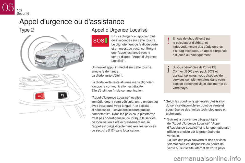 CITROEN DS4 2017 Notices Demploi (in French) 152
En cas de choc détecté par
le calculateur d'airbag, et
indépendamment des déploiements
d'airbag éventuels, un appel d'urgence
est lancé automatiquement.
Si vous bénéficiez CITROEN DS4 2017 Notices Demploi (in French) 152
En cas de choc détecté par
le calculateur d'airbag, et
indépendamment des déploiements
d'airbag éventuels, un appel d'urgence
est lancé automatiquement.
Si vous bénéficiez