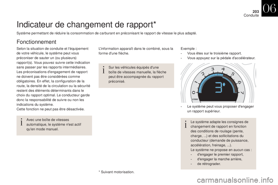 CITROEN DS4 2017 Notices Demploi (in French) 203
Indicateur de changement de rapport*
Sur les véhicules équipés d'une
boîte de vitesses manuelle, la flèche
peut être accompagnée du rapport
préconisé.
Avec une boîte de vitesses
CITROEN DS4 2017 Notices Demploi (in French) 203
Indicateur de changement de rapport*
Sur les véhicules équipés d'une
boîte de vitesses manuelle, la flèche
peut être accompagnée du rapport
préconisé.
Avec une boîte de vitesses