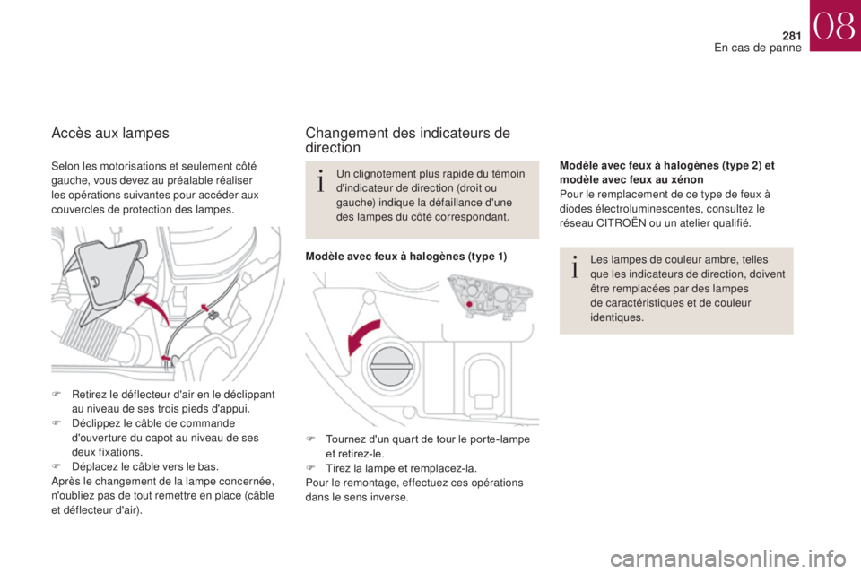 CITROEN DS4 2017  Notices Demploi (in French) 281
Changement des indicateurs de 
direction
Les lampes de couleur ambre, telles 
que les indicateurs de direction, doivent 
être remplacées par des lampes 
de caractéristiques et de couleur 
ident