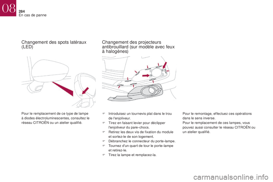 CITROEN DS4 2017  Notices Demploi (in French) 284
Changement des spots latéraux 
(LED)
Pour le remplacement de ce type de lampe 
à diodes électroluminescentes, consultez le 
réseau CITROËN ou un atelier qualifié.F
 I ntroduisez un tournevis