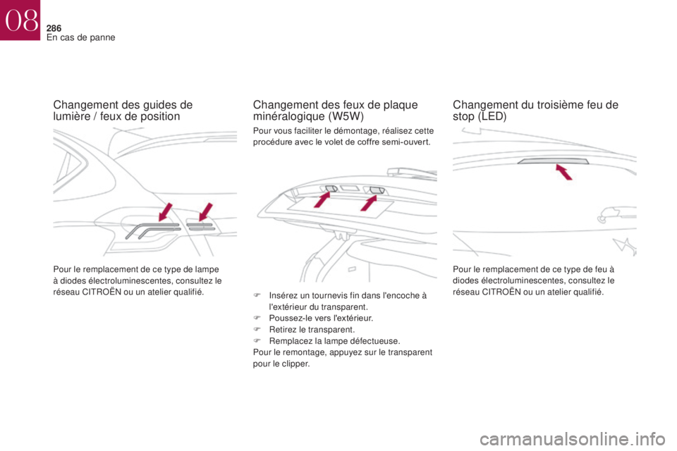 CITROEN DS4 2017  Notices Demploi (in French) 286
Changement des guides de 
lumière  / feux de position Changement des feux de plaque 
minéralogique (W5W)
Pour le remplacement de ce type de feu à 
diodes électroluminescentes, consultez le 
r