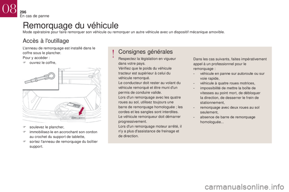 CITROEN DS4 2017  Notices Demploi (in French) 296
Remorquage du véhiculeMode opératoire pour faire remorquer son véhicule ou remorquer un autre véhicule avec un dispositif mécanique amovible.
L'anneau de remorquage est installé dans le 